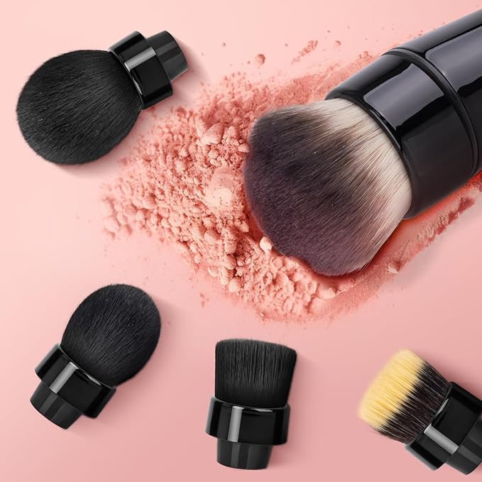 360° Electric Rotating Makeup Brush Set, 5 Vegan Brush Heads, Rechargeable Blending Face Brushes For Foundation, Blush, Powder, Bronzer, Contour, Highlight & Airbrush Finish, Flat Kabuki Brush