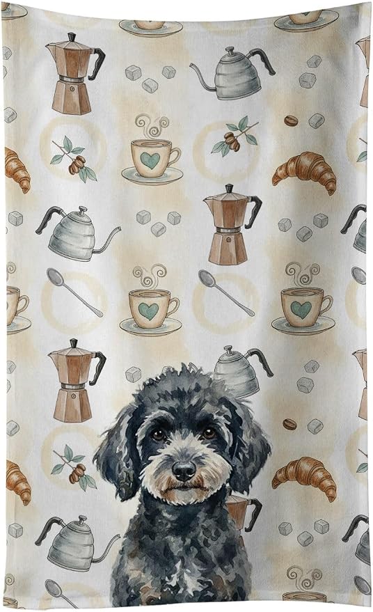 Caroline's Treasures Miniature Black Poodle Coffee Bar Kitchen Towel Velour Plush Front and Cotton Loop Back Machine Washable