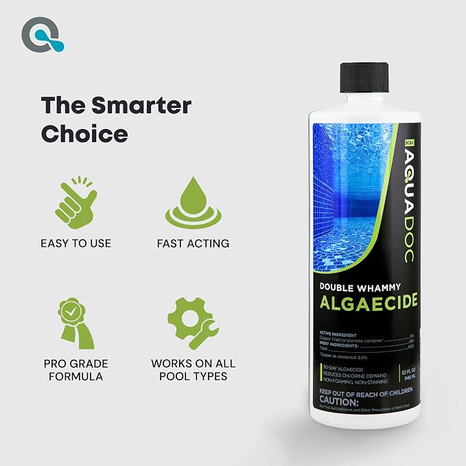 AquaDoc Copper Pool Algaecide for Swimming Pools - 32 oz - 90 Day Algaecide for Inground & Above Ground Pools - Non-Foaming, Non-Staining Formula, Reduces Chlorine Demand