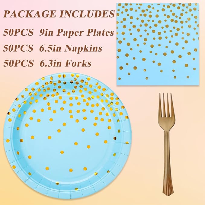 150 PCS Blue and Gold Paper Plates Napkins Forks Party Supplies Serves 50, Golden Dot Disposable Paper Dinnerware 9" Plates for Birthday, Baby Shower, Boy Birthday