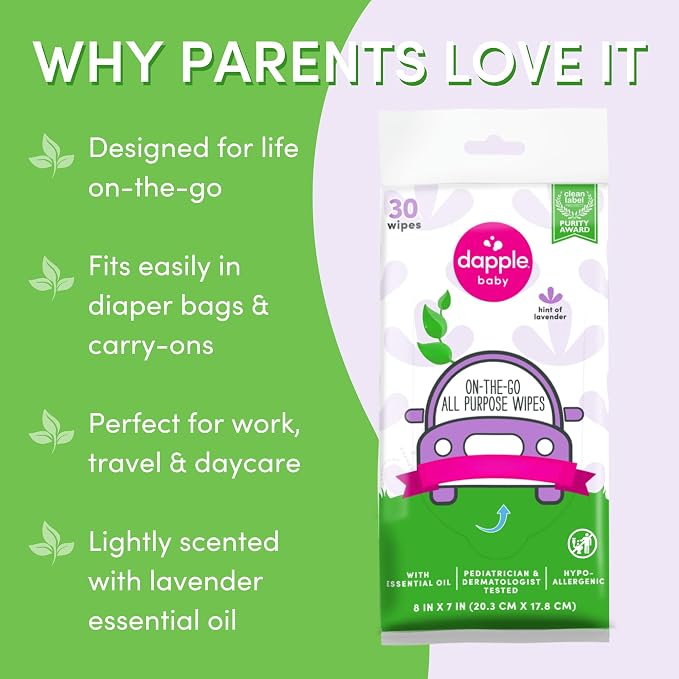 Dapple Baby All Purpose Wipes, Hypoallergenic & Powered by Plants Cleaning Wipes, Hint of Lavender, 30 Count (Pack of 2)