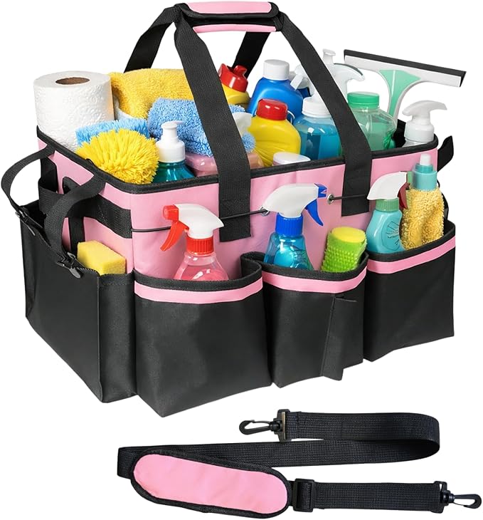 BLIRITEL Large Cleaning Caddy Bag with Handle, Cleaning Caddy Organizer with Shoulder Strap, Multi-Compartment Cleaning Supply Tote for Cleaners & Housekeepers (Pink)
