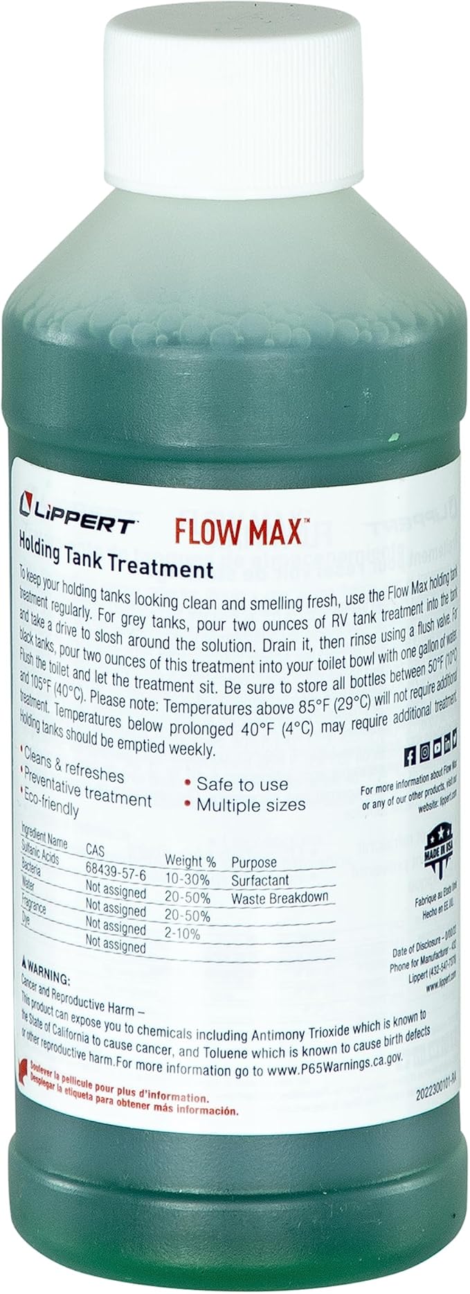 Lippert Flow Max Holding Tank Treatment for RVs and Boats, Breaks Down Toilet Paper, Prevents Clogging and Residue Buildup, Cleans Sensors, Made in The USA - 8 oz. Bottles, 4-Pack