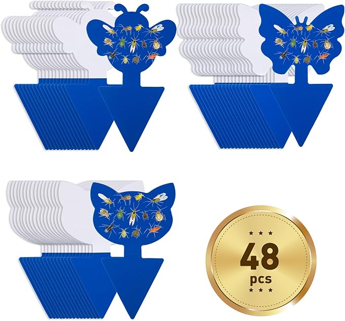 48 Pack Fruit Fly Traps for Indoor Outdoor, 3 Shapes Blue Sticky Bug Traps, Double-Side Fungus Gnat Killer for Houseplants, Mosquitos, Flying Insects