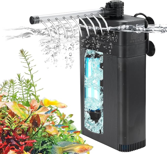 Internal Fish Tank Filter with 5W UV Light, Multi Filter Materials, Adjustable Water Flow Submersible 185GPH Aquarium Filter Pump for 30~50 Gal Freshwater, Aeration/Rainfall Mode, TU-700(185GPH)