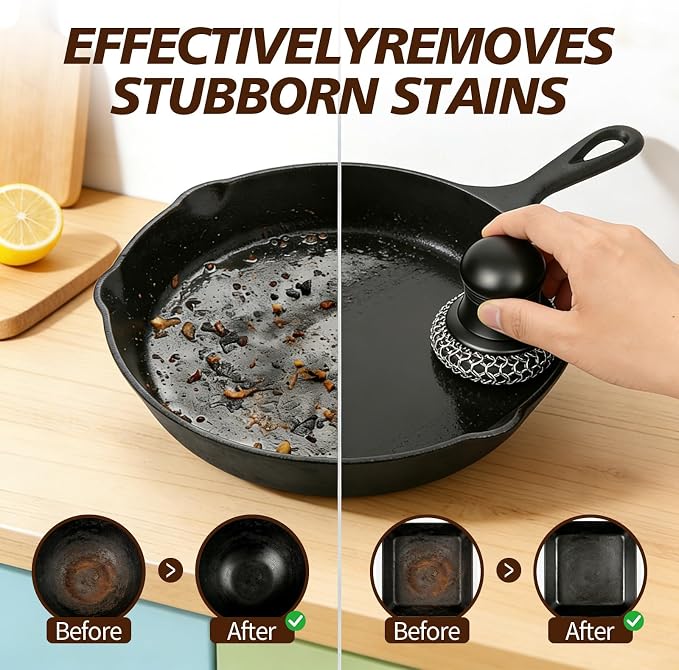 316 Upgraded Cast Iron Scrubber with Pan Scraper,Cast Iron Cleaner for Grill Pan Skillet Wok Carbon Steel,Ergonomic to Hold Easy to Use Dishwasher Safe ((Large Chain Mail,2pcs))