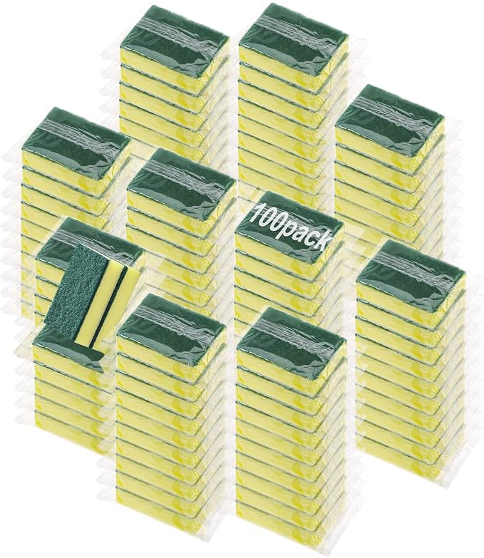100 Pack Individually Wrapped Sponges Uncompressed for Household Cleaning Kitchen Dishwashing Non Scratch Scrouing Sponge Bulk for Hotel Car Airbnb Apartments,Green