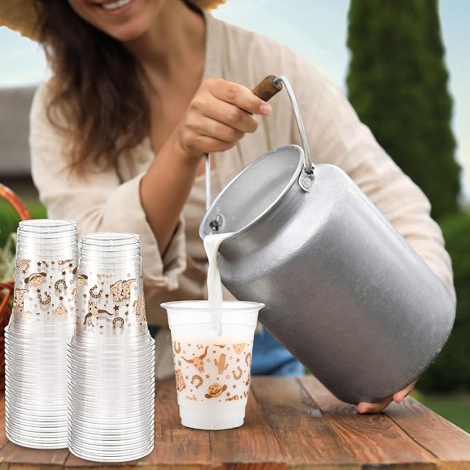 Jingmore 100 Pcs Western Plastic Cups 12 oz Clear Disposable Plastic Cowboy Cowgirl Drinking Cups Bulk for Boho Preppy Baby Shower Birthday Wild West Party Decoration Supplies(Western Cowboy,Brown)