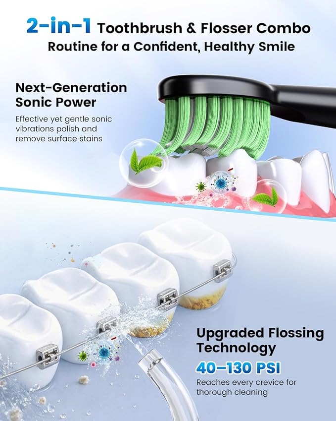 JTF Electric Toothbrush with Water Flosser Combo: 2-in-1 Portable Oral Clean Kit for Effective Yet Gentle Brushing & Flossing, Multiple Modes for Braces & Sensitive Gums Care, Cordless for Home Travel