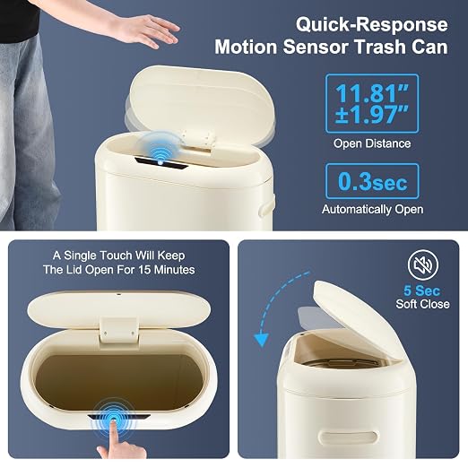 Garvee 13 Gallon Automatic Sensor Trash Can with Motion Activated Lid - Touchless Kitchen & Bathroom Garbage Bin, Battery Powered Smart Can for Office/Bedroom (50L Capacity)