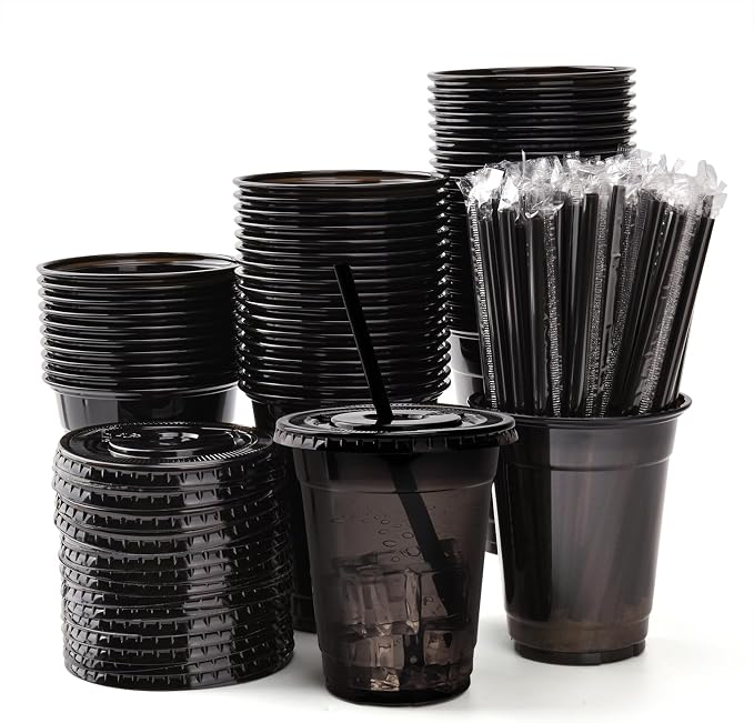 100 Set Black Plastic Cups with Lids and Straws 12 oz Disposable Drinking Clear Cups for Wedding Black Birthday Party Supplies