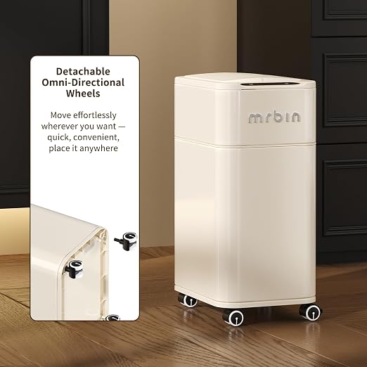 MRBIN Bathroom Metal Adsorption Motion Sensor Trash Can with Butterfly Lid and Wheels, 4 Gallon Kitchen Automatic Waste Garbage Basket for Office, Near Desk, Bedroom, Rv, Cream White