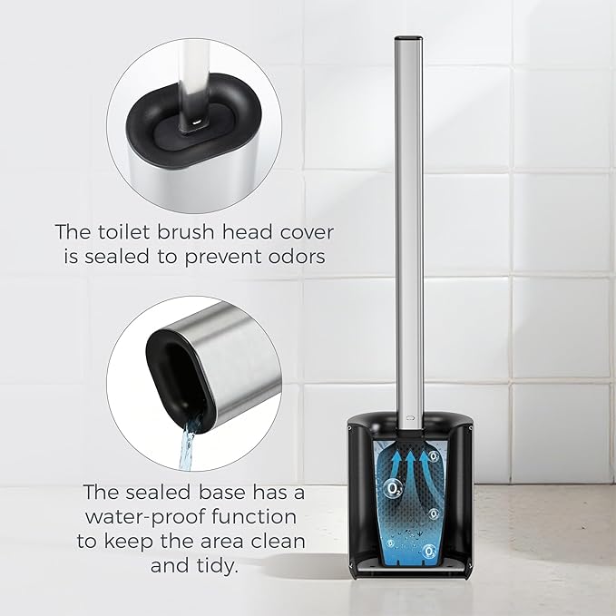 Sineng Silicone Toilet Brush and Holder Set, Stainless Steel Toilet Cleaning Brush, One-Piece Long Handle, Flexible Compact Modern RV Toilet Bowl Brush for Bathroom, 2Pack
