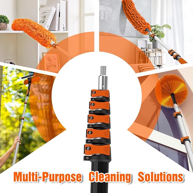 30FT Reach Duster Kit, Window Cleaning with 5-24FT Telescoping Extension Pole, High Ceiling Duster, Microfiber Feather Duster, Cobweb Duster, Window Squeegee, Feather Duster, Extendable Pole Kit