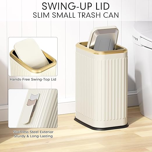 Bathroom Trash Can with Lid 8L/2.1 Gallon Beige Trash Can Small Garbage Can with Swing Top Lid Slim Stainless Steel Garbage Can with 100 Counts Trash Bags for Bathroom Bedroom Kitchen Office Toilet