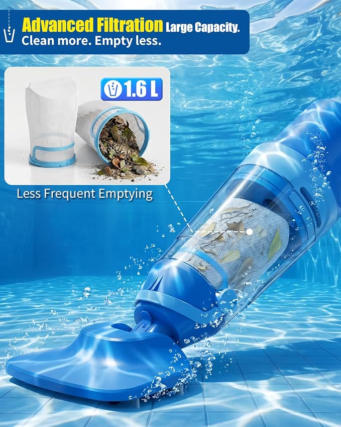 Cordless Pool Vacuum for Inground & Above Ground Pools: 23.8 GPM Powerful Stable Suction, Telescopic Pole up to 90.6", 60-Min Runtime, Extra-Large Filter & Rechargeable Pool Cleaner for Spas/Hot Tubs