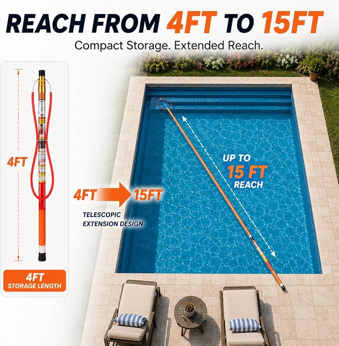 15FT Telescopic Pool Rescue Pole with Safety Hook, Fiberglass Water Safety Equipment for Pools, Docks, Marinas & Lakefront Properties, Emergency Rescue Tool for Homes, Resorts & Community Facilities | Essential Water Safety Equipment