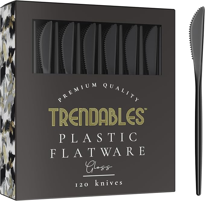 Trendables Disposable Black Plastic Cutlery Set - 120 Pack Silverware with Black Plastic Knives