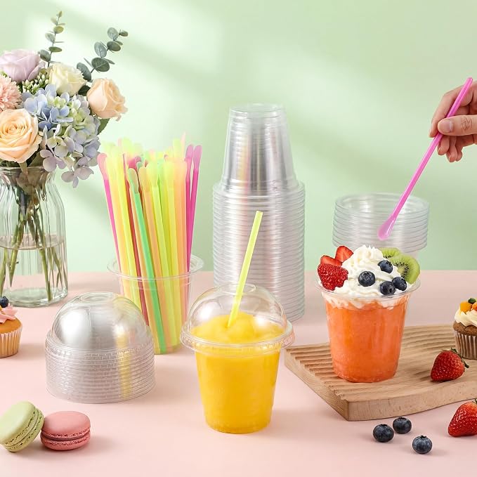 Reallnaive 100 Sets 12 oz Clear Slushie Cups with Dome Lids and Snow Cone Spoon Straws, Disposable Smoothie Cold Drinking Cups for Party Iced Coffee Cold Drinks Juice Milkshake