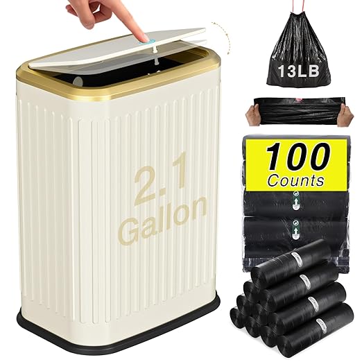 Bathroom Trash Can with Lid, 8L/2.1 Gallon Beige Trash Can Small Garbage Can with Press Top Lid Slim Stainless Steel Garbage Can with 100 Counts Trash Bags for Bathroom Bedroom Kitchen Office Toilet