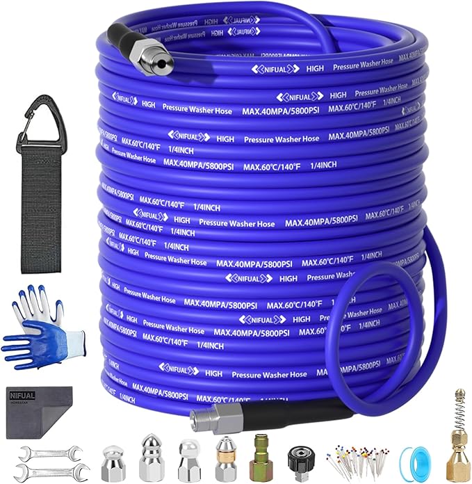 NIFUAL 200FT Sewer Jetter Kit for Pressure Washer, 5800PSI Drain Cleaner Hose 1/4 Inch NPT Corner, Rotating and Button Hose Sewer Jetting Nozzle Waterproof Tape Pearl Corsage Pin Spanner Glove