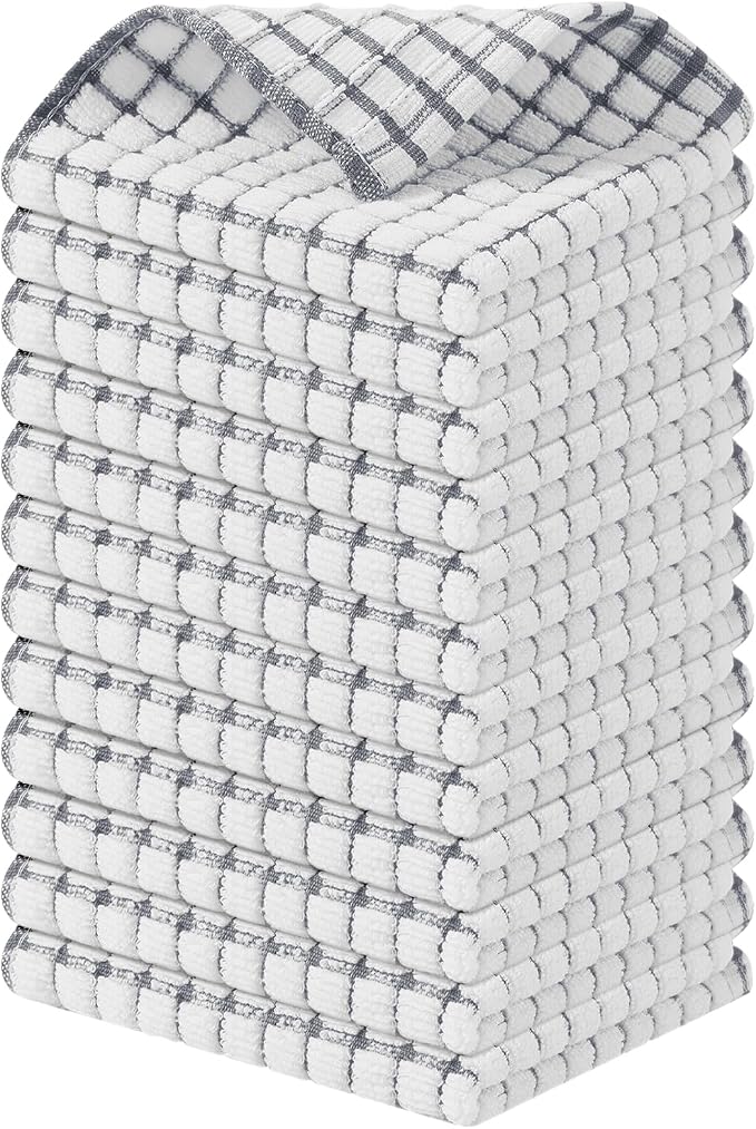 Kitinjoy Cotton 12 Pack Terry Kitchen Dish Cloths, 12 x 12 Inches Super Soft and Absorbent Dish Rags, Quick Drying Dish Towels for Washing Dishes, Grey