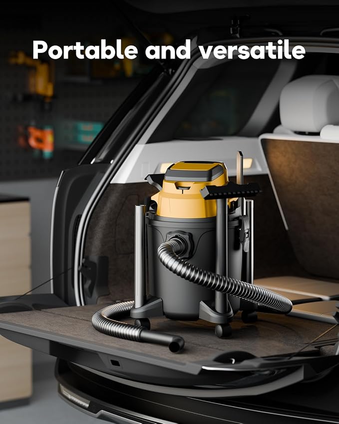 Cordless Shop Vacuum Wet/Dry, for DeWalt 20V Max Battery, 5.2-Gallon Battery Powered Vacuum Cleaner, Lemon, with Hose Nozzles HEPA Filters Wheels (Bare Tool ONLY)