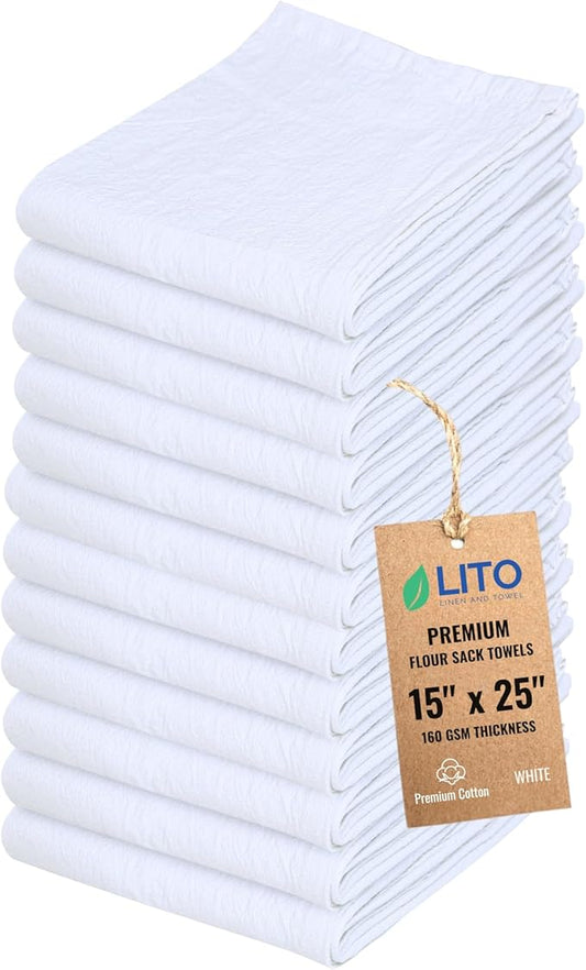 Flour Sack Towels | Tea Towel for Crafts| Kitchen Dish Cotton Blank Towel for Embroidery| Baking Bread Proofing Linen Cover| Thick Absorbent Quick Dry| 12 Pack 15"x 25" White