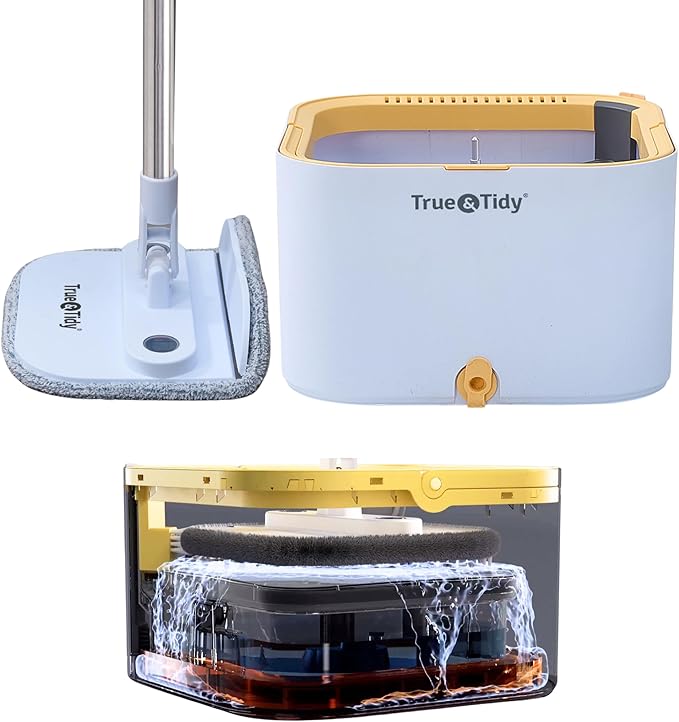 True & Tidy® TrueClean Spin Mop 2.0 w/Detachable Inner Bucket, Self Standing, Separates Clean and Dirty Water, Foldable Square Mop Head, Triple Jet Stream w/Hidden Brush, Replaceable 2pc Pads