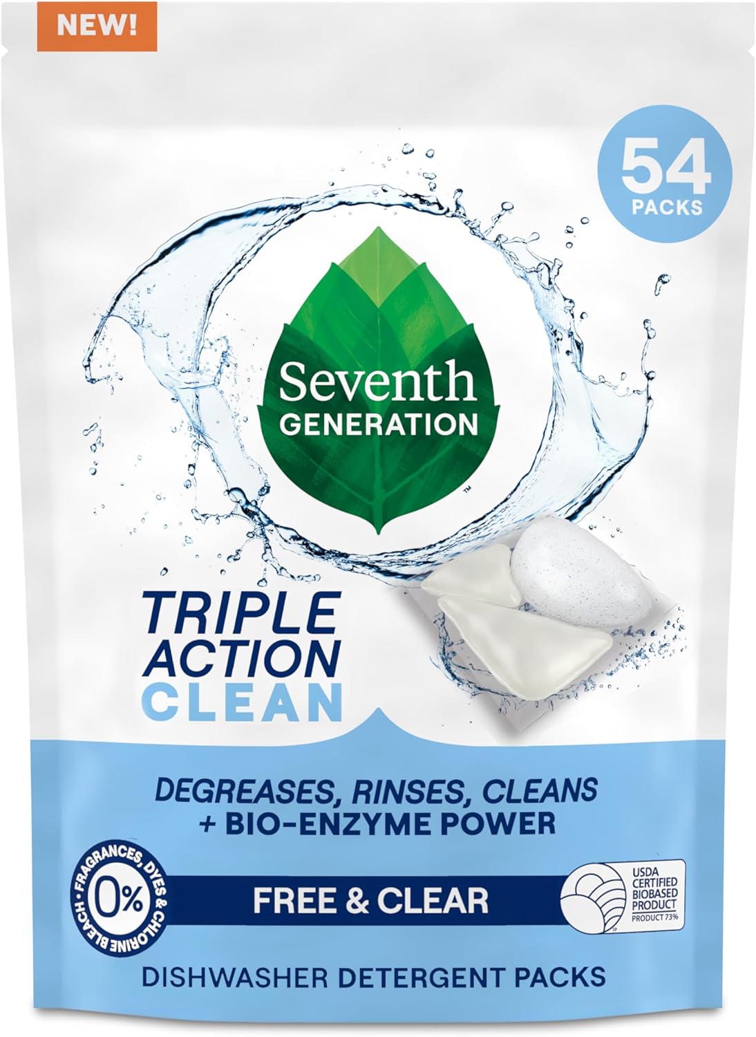 Seventh Generation Triple Action Clean Automatic Dishwasher Detergent Packs with Bio-Enzyme Power, Free & Clear, Fights 48-hour Stuck-on Food, 54 count