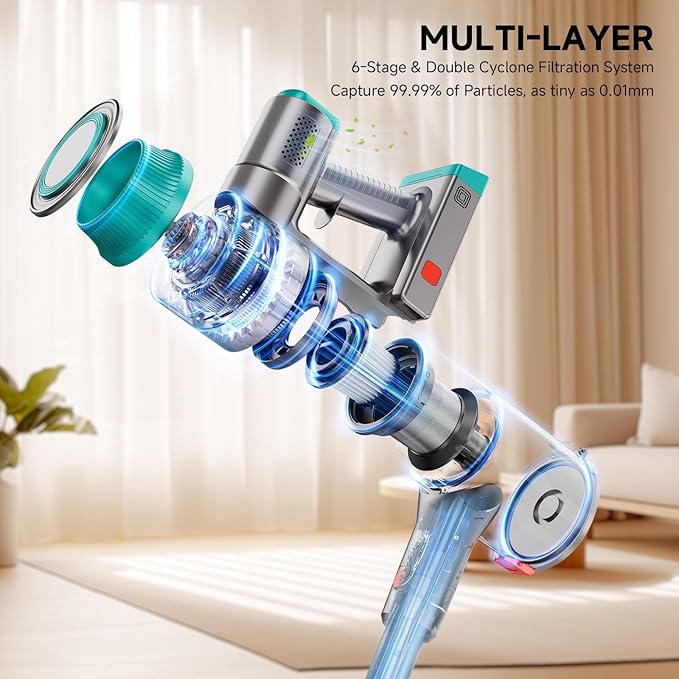 Cordless Vacuum Cleaner, 35Kpa Vacuum Cleaner for Home, 45Mins Stick Vacuum with LED Display, Anti-Tangle & Wall Mount Charging, 6 in 1 Lightweight Vacuum for Hard Floors, Carpet, Pet Hair