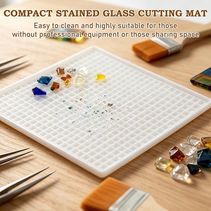 Stained Glass Cutting Mat with Tray, Double-layer Grids Board for Scoring and Cutting, Removable Stained Glass Supplies with Cleaning Brush for DIY Hobby Projects(12.2''x12.2'')