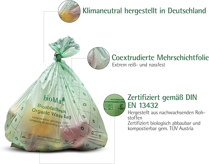 bioMat Compostable Trash Bags 8 Gallon, 10 Count, Medium flat top Kitchen Food Scrap Bin Liners, BPI, CMA and OK Compost HOME certified, Meets the ASTM D6400 Standard