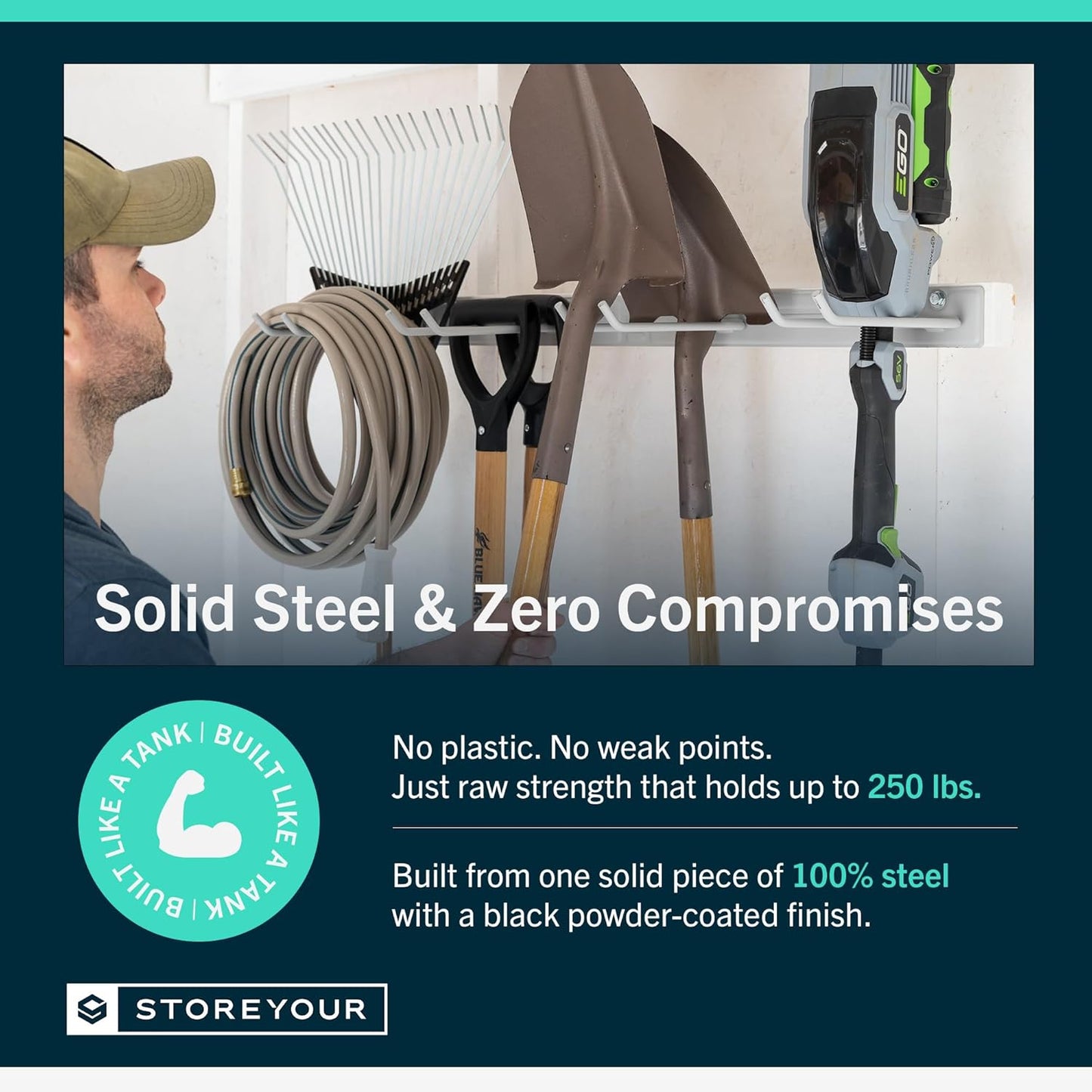 StoreYourBoard Wall-Mounted Rack With 4 Garage Hooks – Heavy-Duty Steel Holder Garage & Garden Storage for Shed, Workshop, or Home Organization – For Rakes, Shovels, Tools & More – 2 Pack, Gray