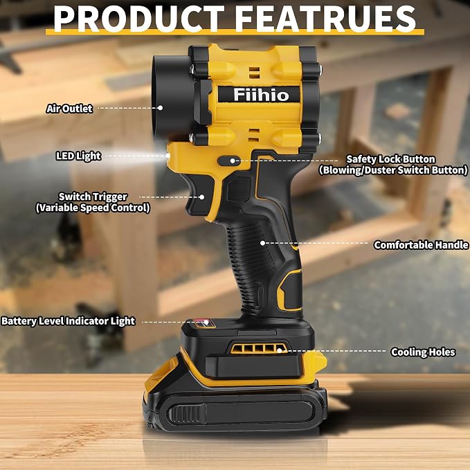 Cordless Leaf Blower Compatible with Dewalt 18V/20V Battery, 100,000RPM Powerful Handheld Air Blower Duster with LED Light, 9,000Pa 2 in 1 Vacuum Duster & Blower for Cars, Home (No Battery)