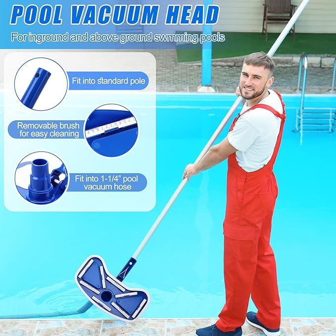 Potchen 6 Pcs Pool Cleaning Kit Include Vacuum Head, Skimmer Net, Brush Head, Telescoping Pole, Pool Chlorine Floater, and Test Strips for Above Ground Pools Hot Tubs Maintenance Tools(Round Vac)