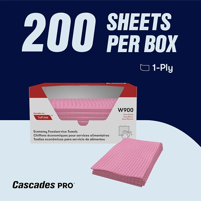 Cascades PRO Tuff-Job Economy Foodservice Towels 1-Ply – Quarterfold Reusable Wipers- Color-Coded to Support Task Separation in Cleaning Programs - 200 Sheets per Pack – W900 – Soft Pink