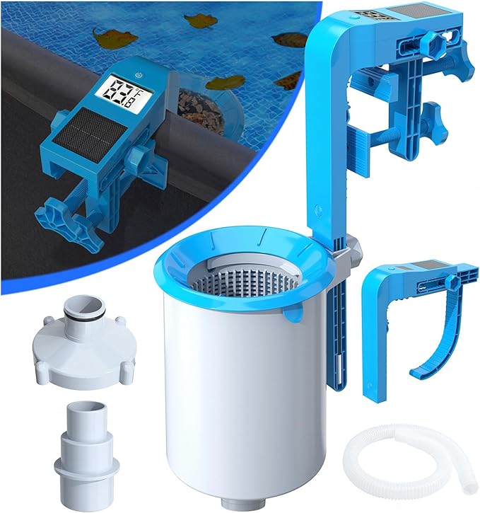 DeeprClean Newly Above Ground Pool Skimmer with Solar Digital Thermometer, Wall Mount Surface Skimmer with Adjustable Height Bracket, Auto Skimming for Pool Surface Floating Leaves & Debris - Blue