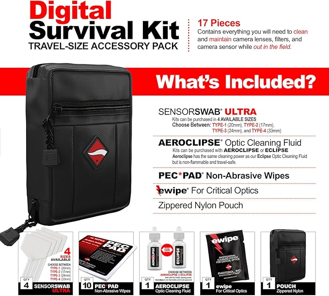 Photographic Solutions Digital Survival Kit - Type-3 (24mm) Sensor Swabs, PEC-PAD Photo Wipes, E-Wipe Packet, Aeroclipse Optic Cleaner Non-Flamable Solution - Camera Cleaning Kit with Travel Bag