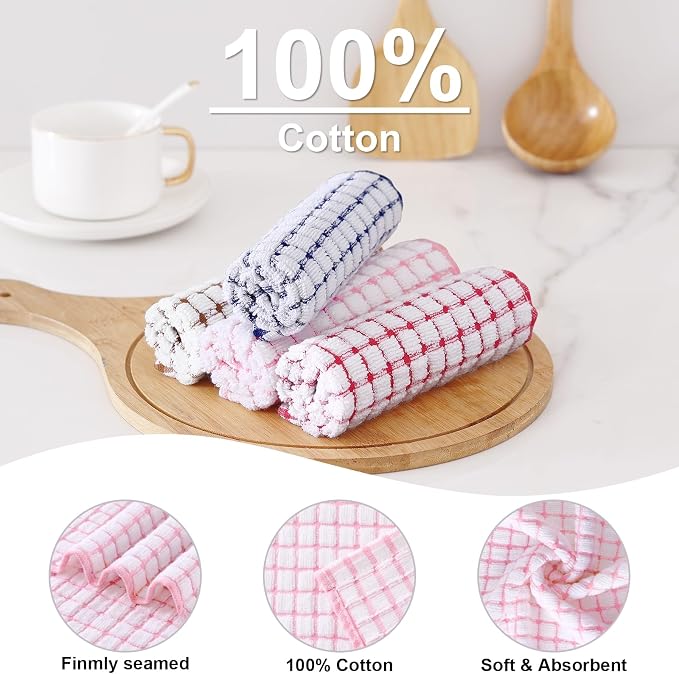 Kitinjoy Cotton 24 Pack Terry Kitchen Dish Cloths, 12 x 12 Inches Super Soft and Absorbent Dish Rags, Quick Drying Dish Towels for Washing Dishes, Mix Colour