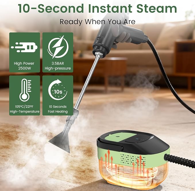 Pressurized Steam Cleaner 1.6L, 3-Level Adjustable Steamer for Cleaning, 10s Heat-Up, 2500W Handheld Steamer Cleaner for Home, Car, Kitchen, Floor, Multi-Surface Cleaning Machine (Black & Green)