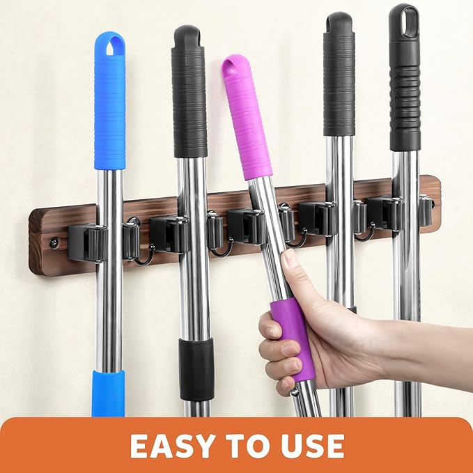 IMILLET 2 PACK Stainless Steel Mop and Broom Holder and 1 PACK Wooden Broom Holder