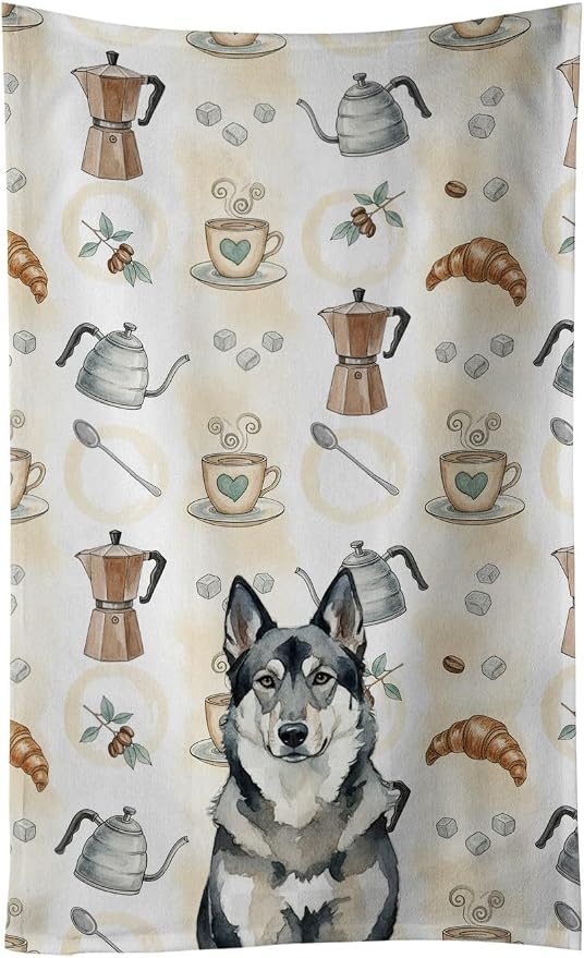 Caroline's Treasures Norwegian Elkhound Coffee Bar Kitchen Towel Velour Plush Front and Cotton Loop Back Machine Washable