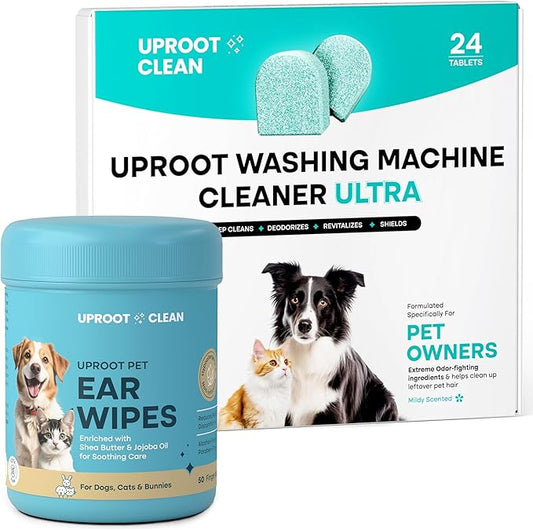 Uproot Clean Washing Machine Cleaner Tablets Ultra + Dog & Cat Ear Cleaner Finger Wipes: 40% Stronger Tablets for Odors & Residue + Shea Butter & Jojoba Oil Dog Ear Wipes for Wax, Odor & Discomfort
