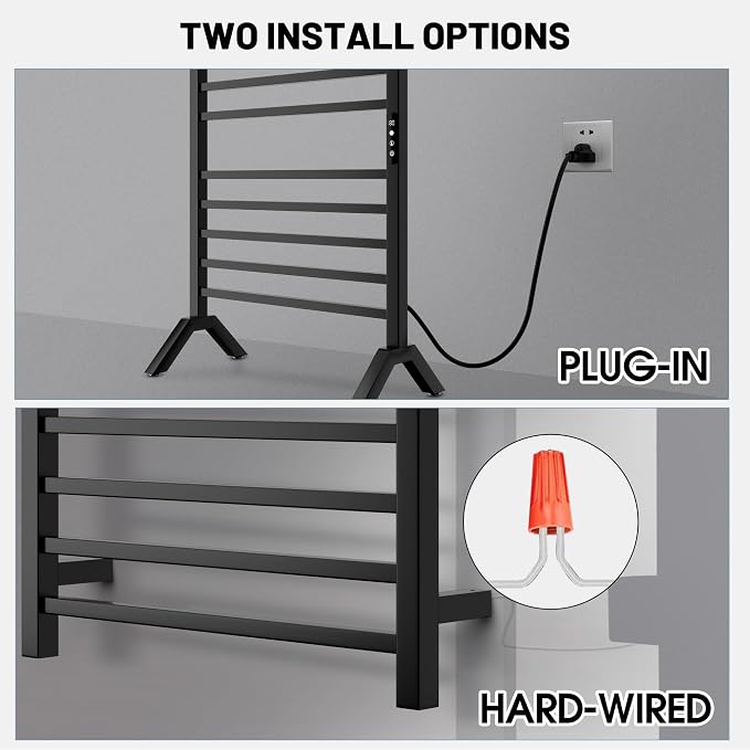 Poloma Wall Mounted & Freestanding Towel Warmer Rack for Bathrooms, Electric Heated Towel Rack Heater, Stainless Steel, Matt Black. CSA Certified.