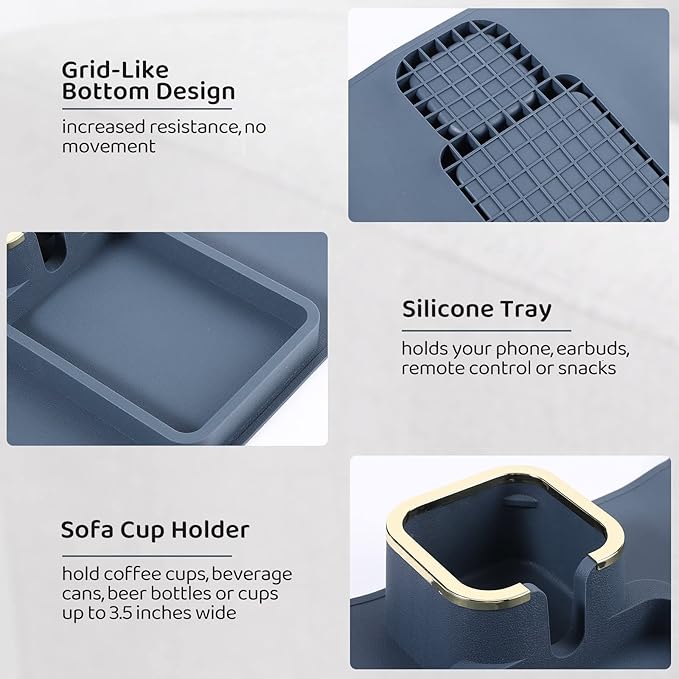 HMASYO Couch Cup Holder Tray - Silicone Sofa Armrest Table Couch Drink Holder and Tray Organizer for Remote Snacks Cellphone, Anti-Spill Anti-Slip Design, Gifts for Family Mom Dad Grandma