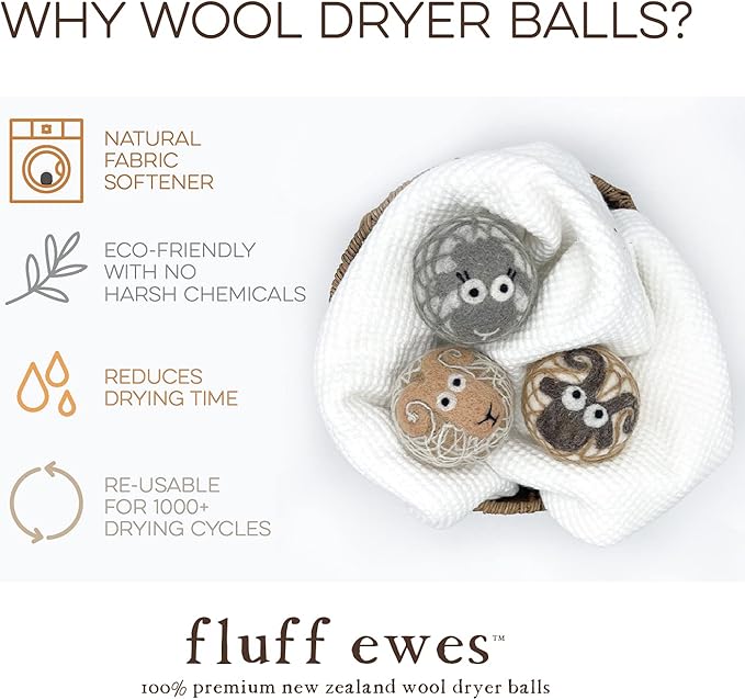 Fluff Ewes Premium Handmade New Zealand Reusable Wool Dryer Balls for Laundry, Baby, Anti-Static Alternative to Liquid Fabric Softener, Plastic Dryer Balls or Dryer Sheets, 12 Pack Bundle with Boxes