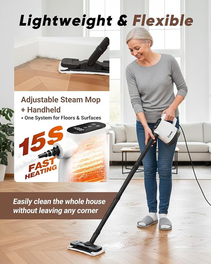 Saker EverSteam Instant-Heat Steam Cleaner for Home,15s Heat-up Handheld Steam Cleaner with Mop Attachment&Fiber Cloths,Portable Continuous Refill Steamer for Cleaning of Floor, Car and Kitchen
