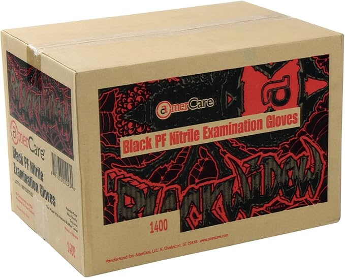 AmerCareRoyal Black Widow Nitrile Latex Free Disposable Gloves - Powder-Free, Exam Grade Gloves with Textured Grip - Medium, Black, Case of 1000