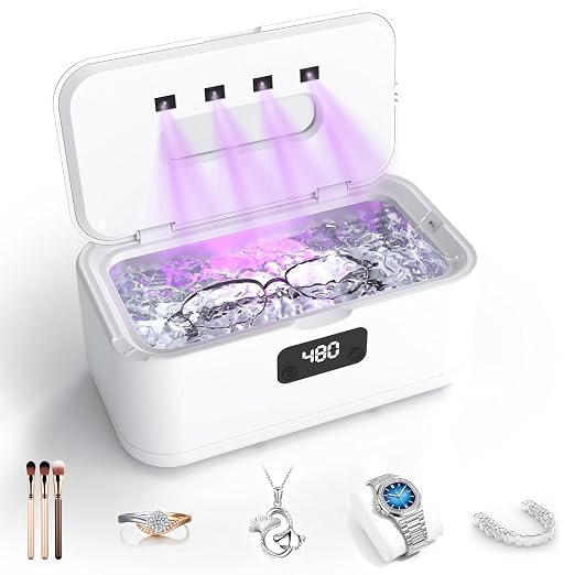 Ultrasonic Jewelry Cleaner, 50Khz Jewelry Cleaner Ultrasonic Machine for Jewelry, Eyeglasses, Rings, Watch Strap, Dentures, 24oz - 304 Stainless Steel Tank, Digital Timer, 5 Cleaning Modes